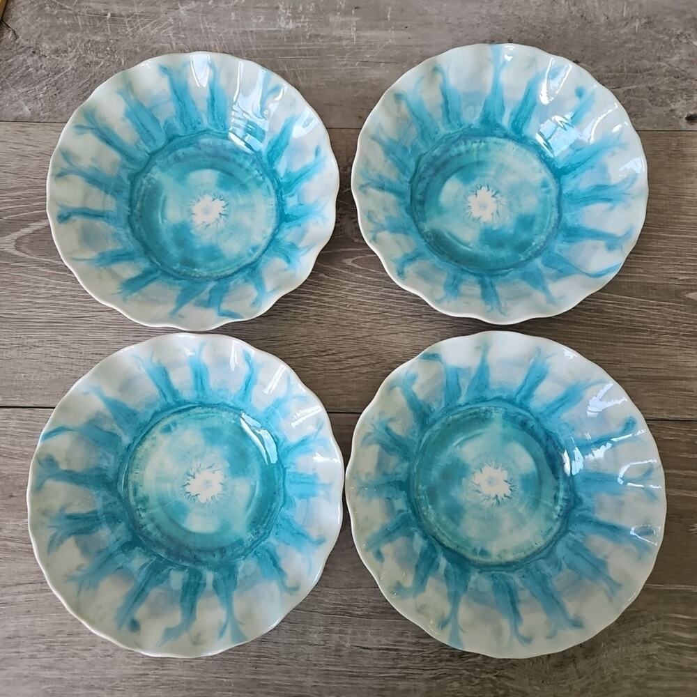 Pier 1 One Imports Marble Wave Turquoise Melamine Coastal Beach Lake 4 Bowl Set